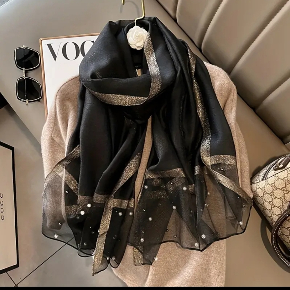 Scarf Elegant Black Pearl-Embellished with Gold Accent